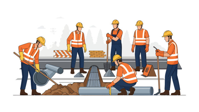 Construction Crew at Work: A team of construction workers diligently at a construction site, laying pipes and performing other essential tasks, showcasing their expertise. 