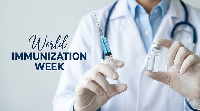 World immunization week doctor wearing blue gloves holds syringe and vial of medicine healthcare medical concept neutral background copy space.