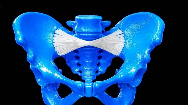 3D medical animation of a rotating human pelvis. Features a glowing blue neon skeletal girdle with the posterior pelvic ligaments (Sacroiliac region) highlighted in bright red. Futuristic X-ray style.