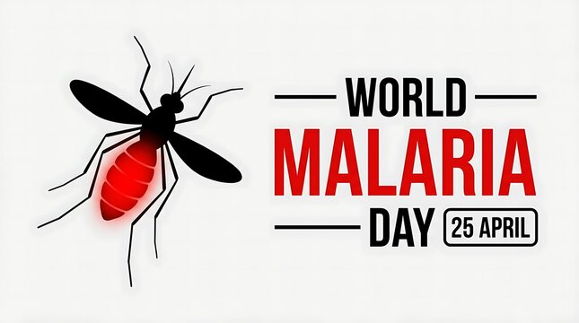 World malaria day graphic featuring mosquito with glowing red abdomen against plain white background and text announcing event date April twenty fifth.