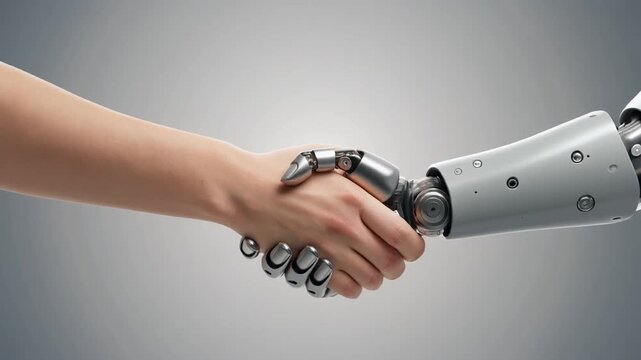 Human Hand vs Robot Arm. Living vs Non-Living Objects. Education Video. a human hand on the left and a robotic arm on the right, set in a clean neutral background, feels modern and educational
