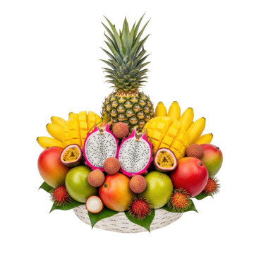 Fresh tropical fruit basket arrangement with pineapple dragon fruit mangoes and berries on white background