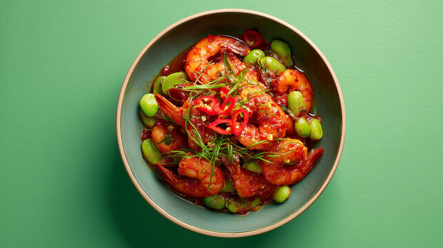 Spicy prawns cooked in rich red chili sauce with petai (stink beans), served in a bowl at the center on a clean green background with copy space.