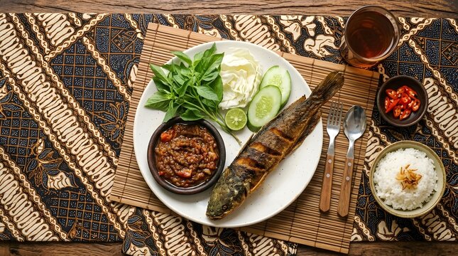 Traditional Indonesian Pecel Lele Fried Catfish Served with Spicy Sambal and Fresh Vegetables on Batik