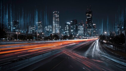Fototapeta premium Cityscape at Night with Traffic Lights and Data Streams