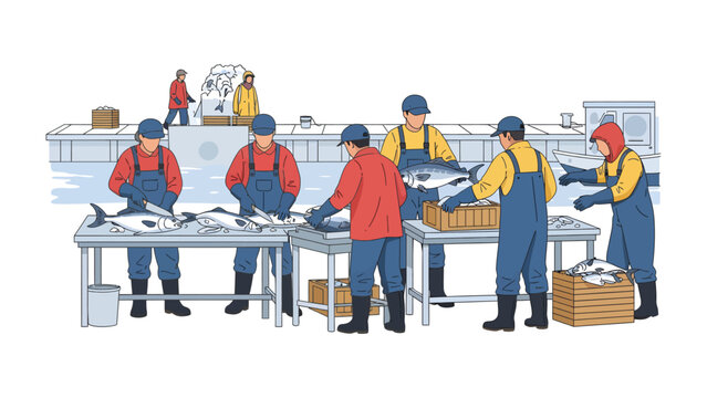 Fish Processing: A team of skilled workers meticulously processes freshly caught fish in a bustling processing facility, ensuring quality and efficiency. 