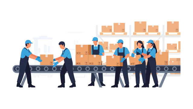 Efficiency in Motion: Witness the synchronized dance of production, where workers diligently handle packages along a high-tech conveyor belt.
