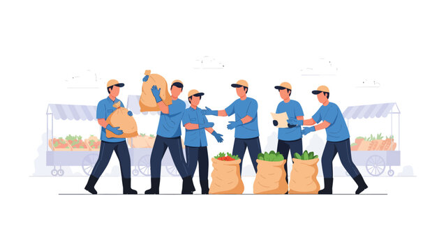 Marketplace Crew: A group of diligent workers loads and unloads burlap sacks filled with fresh produce at a bustling marketplace. Capturing the essence of teamwork and agricultural commerce.