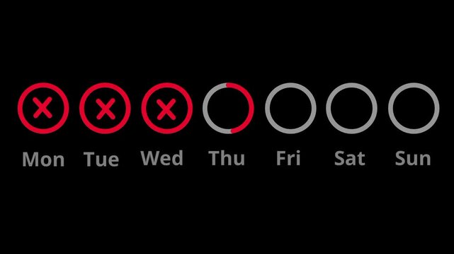 A row of seven circular icons represents the days of the week from Monday to Sunday each marked with a cross to indicate a series of closed dates