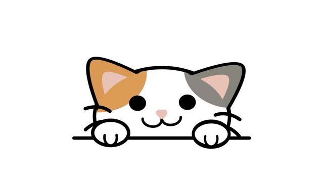 A cute calico kitten with grey and orange patches is illustrated peeking over a horizontal line against a plain white background for a neat effect