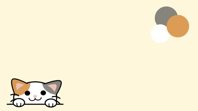 A tiny calico cat sits in the bottom left corner of a wide frame while soft grey and orange bokeh circles float in the upper right white space area