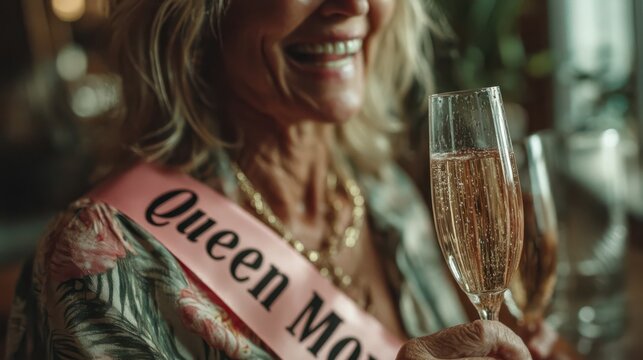 A smiling woman wearing a "Queen Mom" sash holds a champagne flute, celebrating a special moment with elegance and joy.