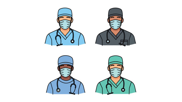 Diverse healthcare professionals in scrubs and masks with stethoscopes. Medical staff vector illustration.