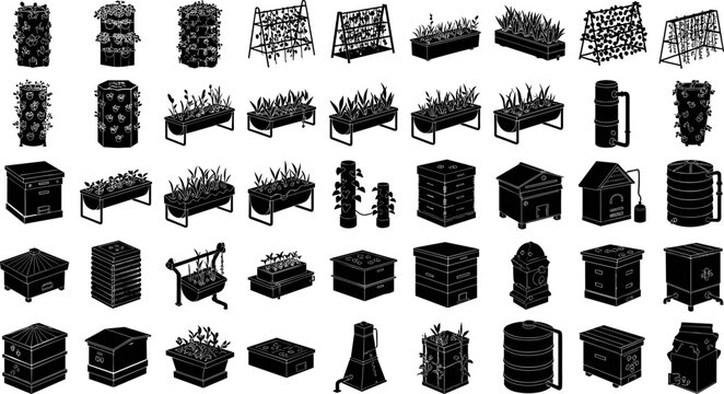 Black silhouette vector icon set of sustainable urban gardening equipment including vertical planters hydroponic systems raised garden beds beehives compost bins and irrigation tools