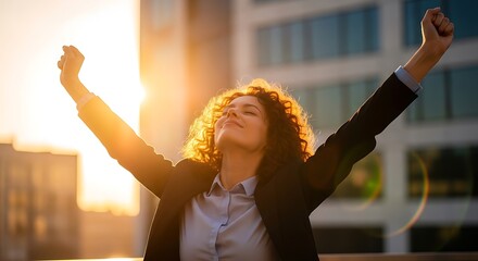 Fototapeta na wymiar Joyful businesswoman with curly hair raising arms in victory during golden hour sunset in city office district with bright sun flare and city view