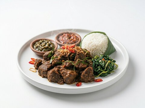 Padang restaurant food style white plate with rice and rendang, sambal, daun singkong, 