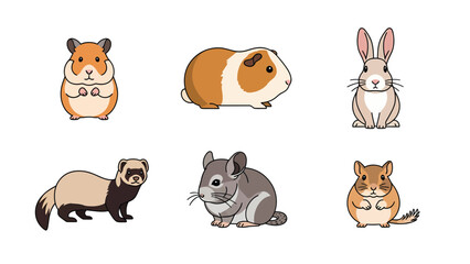 Fototapeta premium Cute Small Pet Animals Vector Illustration Set: Hamster, Guinea Pig, Rabbit, Ferret, Chinchilla, Gerbil