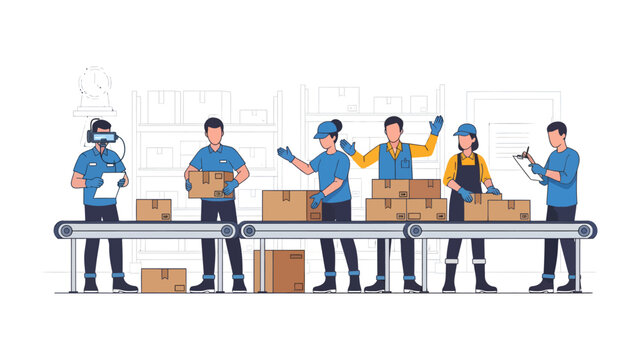 Assembly Line Workers in Action: A dynamic illustration showing a modern factory production line, where dedicated workers meticulously handle products for distribution. A scene of seamless efficiency.