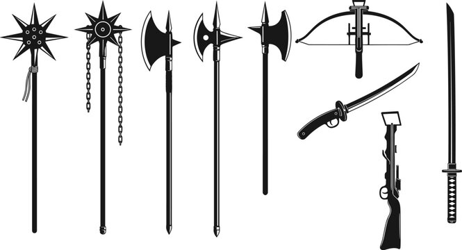 Collection of ancient medieval weapons silhouettes featuring morning star mace flail halberd battle axe crossbow katana sword and vintage musket rifle isolated on white background