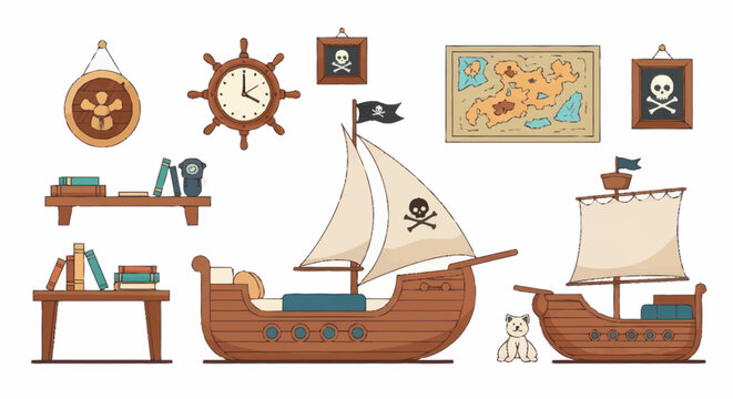 Pirate ships with sails and flags.