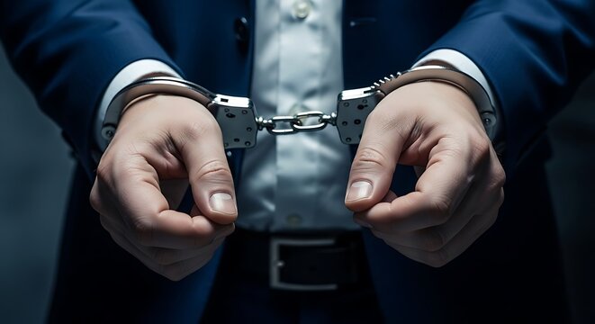 Handcuffed businessman in a blue suit being arrested for white collar crime and corporate fraud during a legal investigation into financial theft