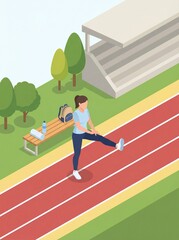 Obraz premium Isometric illustration of a woman stretching on an outdoor sport track before a run