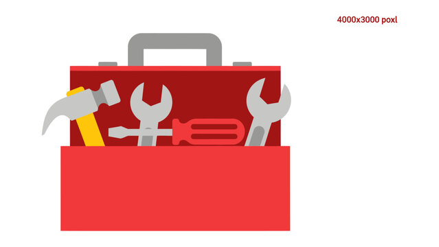 Toolbox Contents: A bright red toolbox is open, showcasing an assortment of essential hand tools including a hammer, screwdrivers, and wrenches, ready for any repair or DIY project.