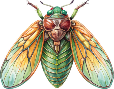 Watercolor Cicada Illustration, Summer Singing Insect Art, vector isolated on white background