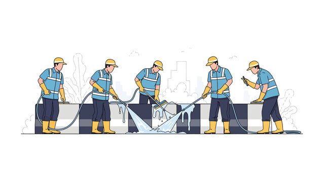 Cleaning Crew at Work: A team of dedicated workers meticulously cleans a section of concrete barrier, employing high-pressure water jets to remove dirt and grime.