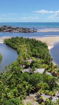 Porto Seguro Skyline At Porto Seguro In Bahia Brazil. Beach Landscape. Beautiful Coastline. Travel Destination. Porto Seguro Skyline In Porto Seguro In Brazil. Mangrove Sand Bank. Brazil Northeast.