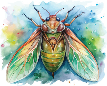 Watercolor Cicada Clipart, Summer Bug Illustration, Isolated on White
