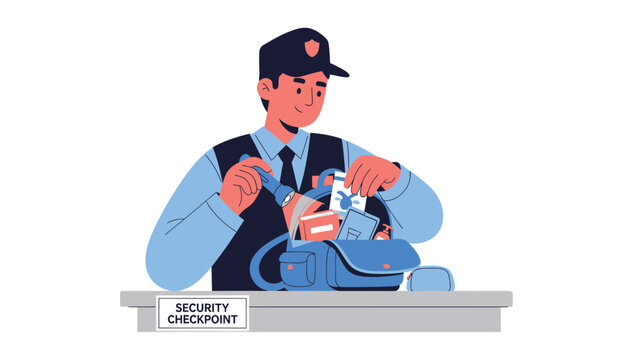 Security Checkpoint Officer Inspecting Bag at Airport. Flat Vector Illustration.