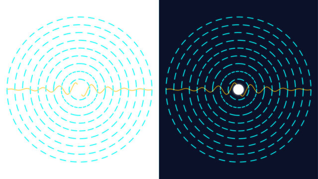 Holographic communication link with concentric cyan signal rings and central pulse on split light and dark backgrounds for sci fi transmission systems, radar networks and futuristic tech interfaces