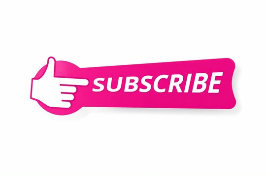 Bright pink subscribe button with a thumbs-up gesture pointing to it
