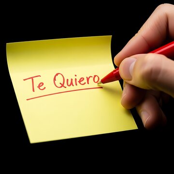 Handwriting Te Quiero on Yellow Sticky Note with Red Pen.