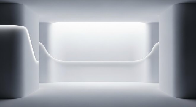A minimalist, futuristic white room with soft lighting and abstract curved architectural elements.
