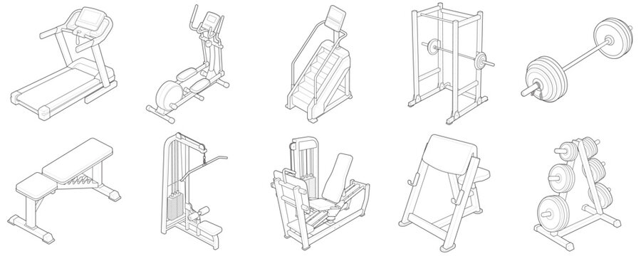 Isometric commercial gym facility equipment collection linear drawing