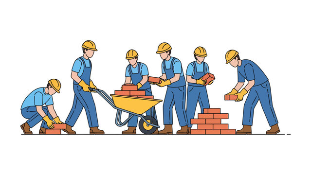 Construction Crew at Work: A team of skilled construction workers collaboratively builds a brick structure, embodying the essence of teamwork and craftsmanship.