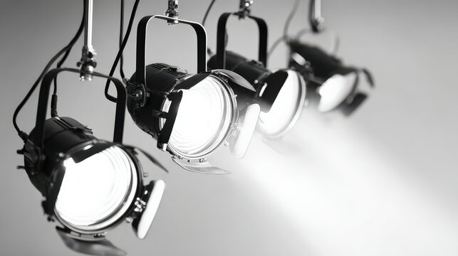 Four stage lights illuminating a dramatic scene with brightness and shadows