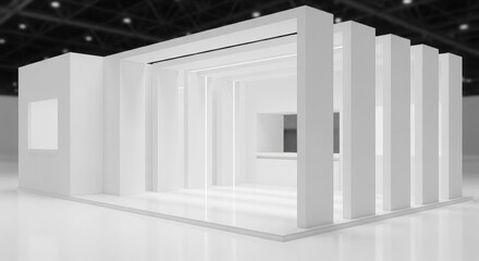 Fototapeta premium A modern, minimalist white exhibition booth or trade show stand with architectural design in an event hall, ready for customization.