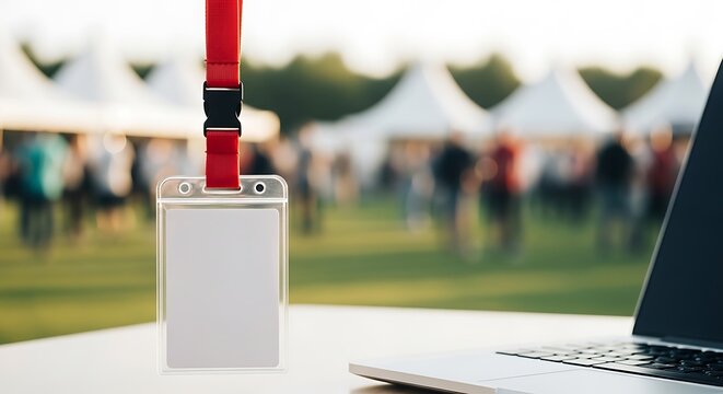 Blank id badge pass with red lanyard on white table next to laptop at blurred outdoor corporate event or summer festival with white tents mockup