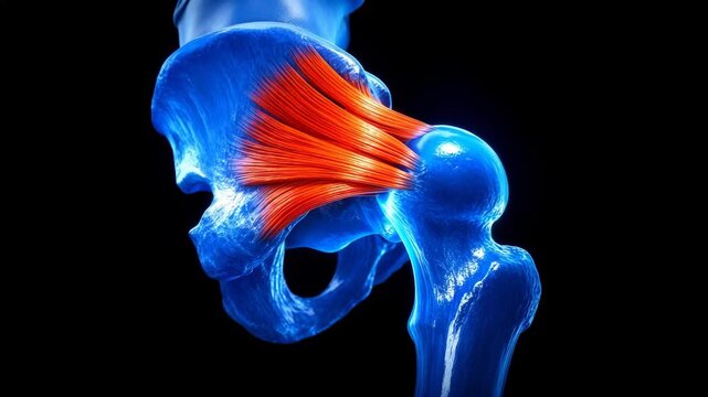 3D medical visualization of a rotating human hip joint. Glowing blue neon pelvic and femur bones with the iliofemoral ligament highlighted in red in a futuristic X-ray style.
