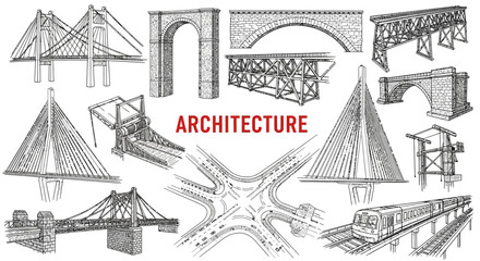 Fototapeta premium Various architectural structures and bridges.