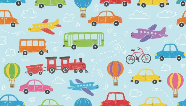 Colorful transportation vehicles and hot air balloons on light blue background with clouds and hearts