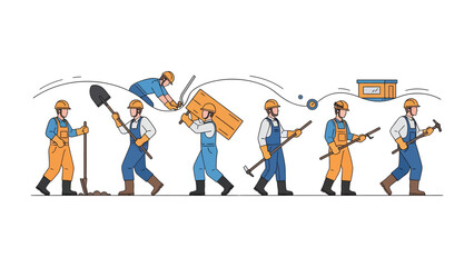 Construction Worker Sequence: A dynamic illustration showcases a construction worker performing various tasks, from digging with a shovel to carrying lumber and using tools. © Halima
