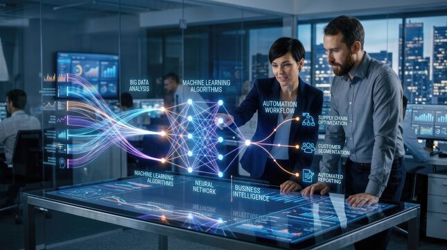 Two professionals, a woman and a man, collaborate intensely while examining a holographic display of complex data visualizations.