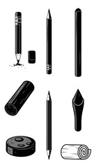 Obraz premium Set of Drawing and Art Supplies: Pencils, Eraser, Sharpener, Charcoal Stick