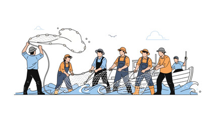 Team of Fishermen Hauling Net:  A group of determined fishermen work together, pulling a fishing net from the sea, showcasing teamwork and the essence of maritime labor. © Abu