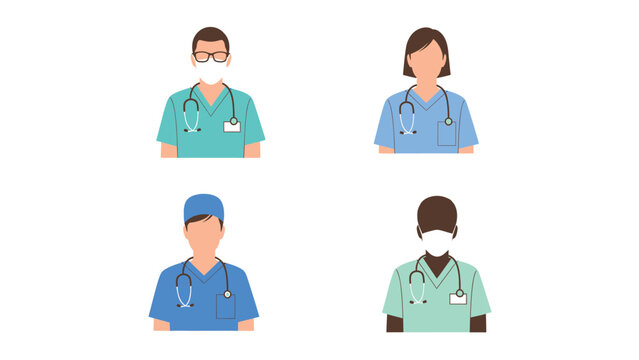 Diverse Medical Professionals Avatars. Healthcare Workers, Doctors, Nurses with Stethoscopes & Masks. Flat Design Style.