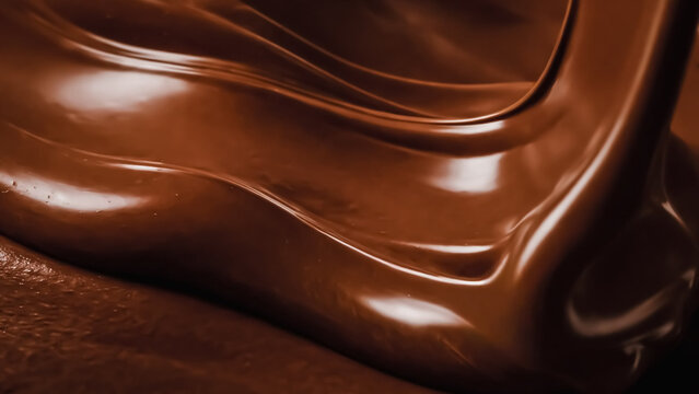 Melted chocolate flowing in close up smooth glossy texture rich dessert background.